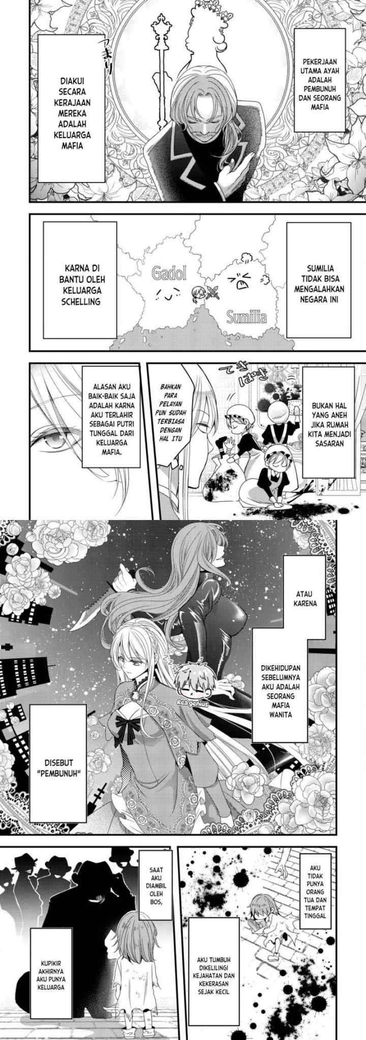 Tensei shita Onna Mafia wa Isekai de Heibon ni Kurashitai - Asashin Ikka no Hakushaku Reijou desu ga, Denshi to Akuma na Danchou ga Tsukimatottekimasu chapter 1 halaman 5