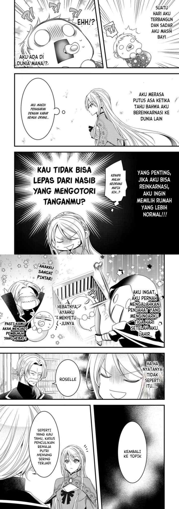 Tensei shita Onna Mafia wa Isekai de Heibon ni Kurashitai - Asashin Ikka no Hakushaku Reijou desu ga, Denshi to Akuma na Danchou ga Tsukimatottekimasu chapter 1 halaman 6